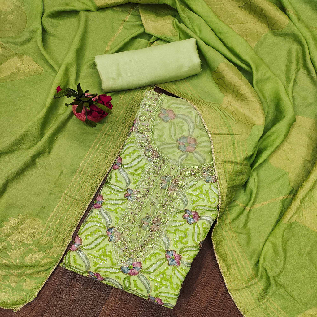 Green Floral Sequins Embroidered Organza Dress Material