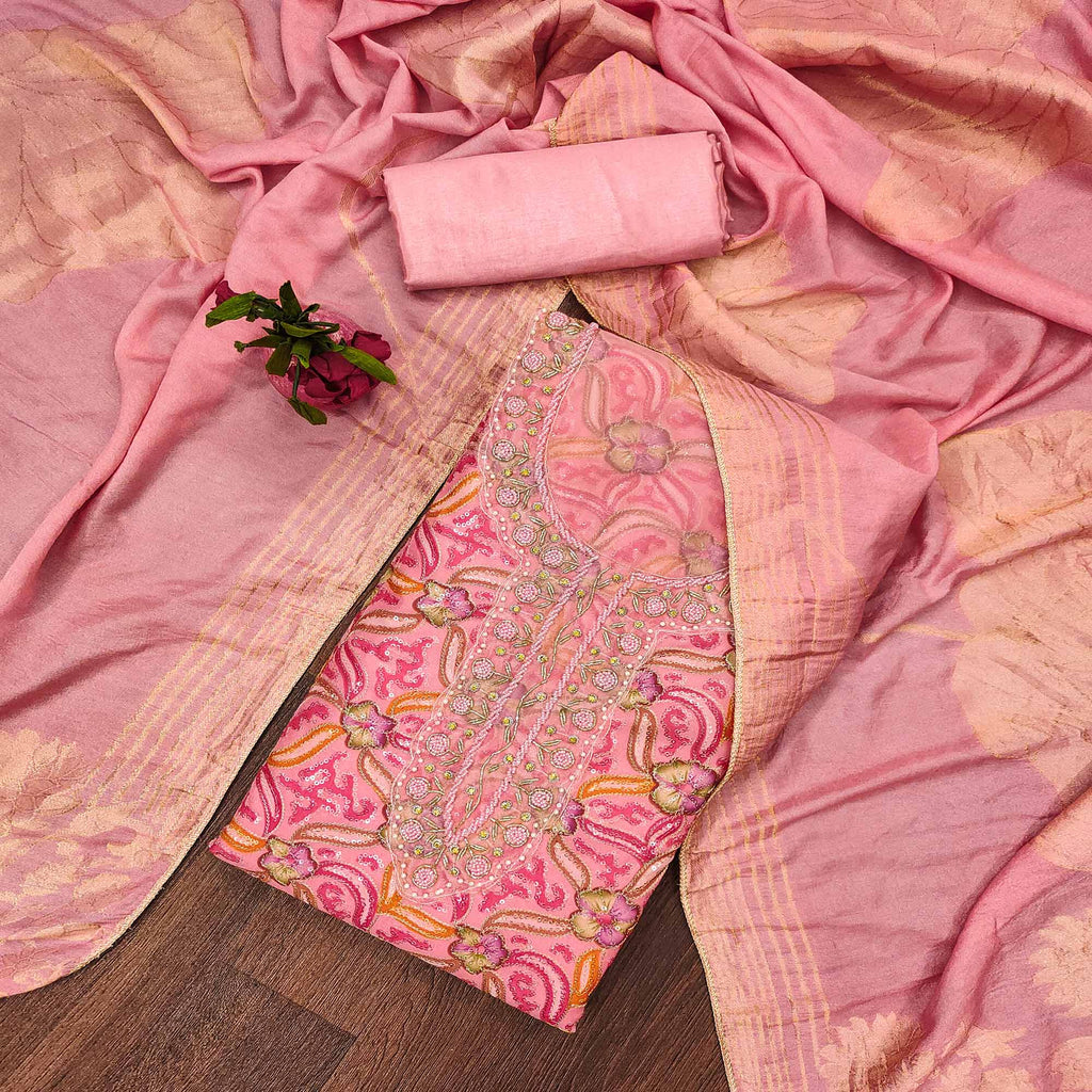 Pink Floral Sequins Embroidered Organza Dress Material