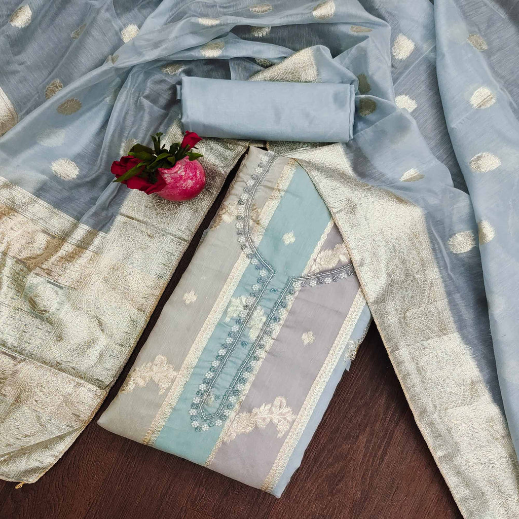 Grey Floral Woven With Hand Embroidered Jacquard Dress Material