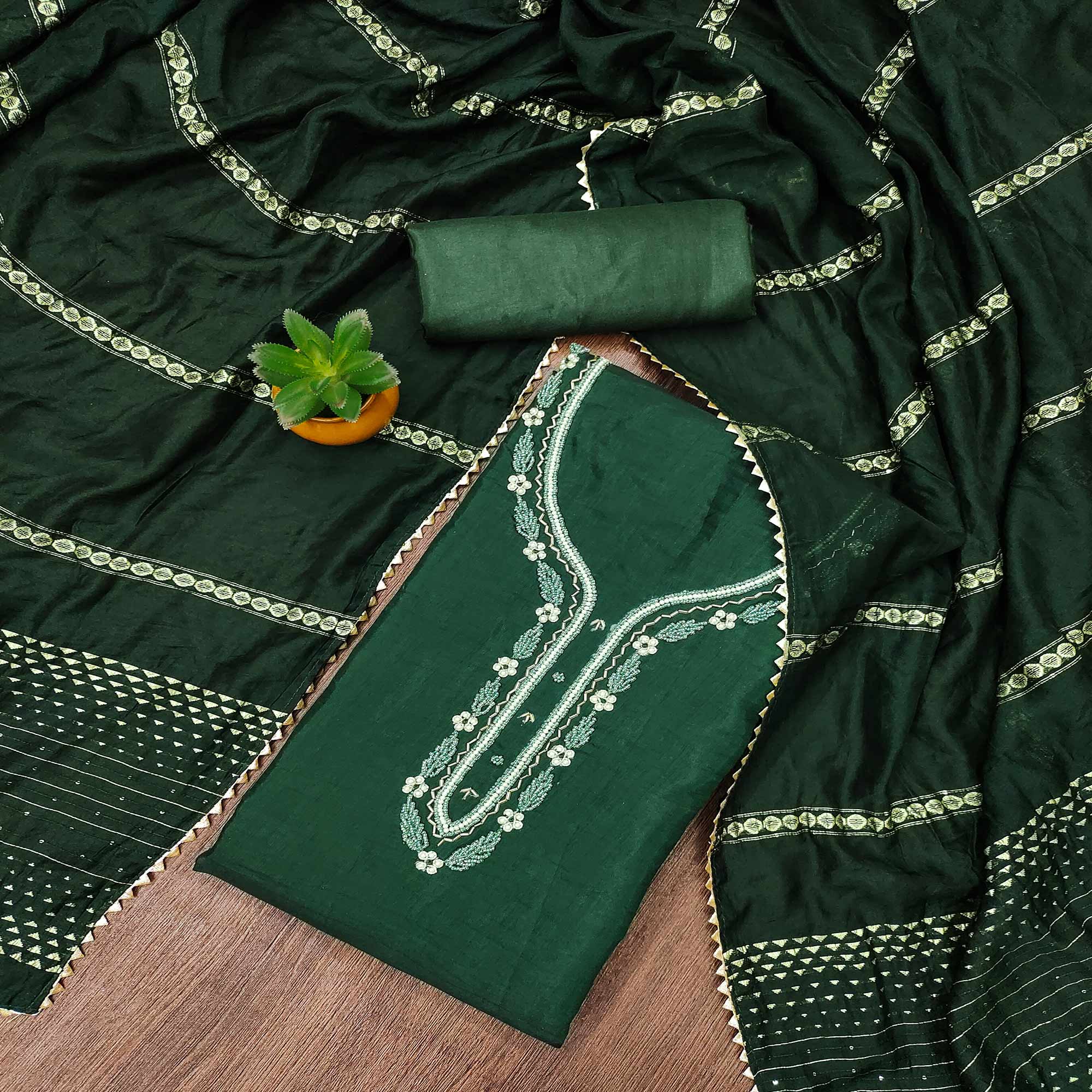 Green Hand Embroidered Cotton Blend Dress Material