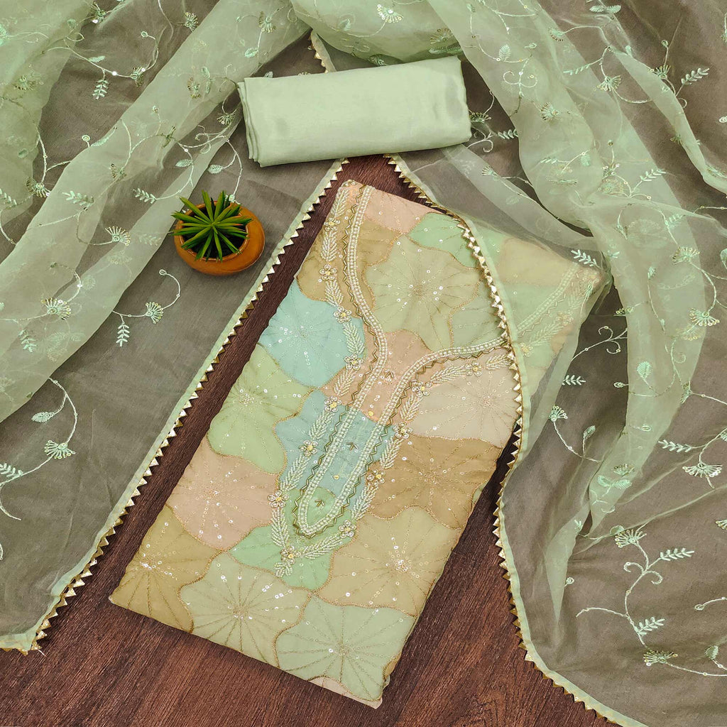 Green Sequin Embroidery With Handwork Organza Dress Material