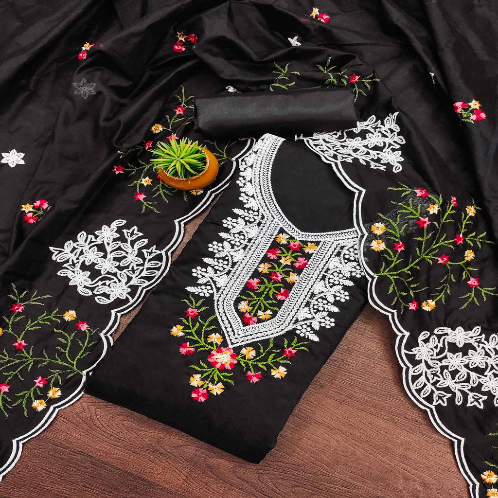 Black Chanderi Cotton Dress Material With Elegant Floral Sequin Embroidery