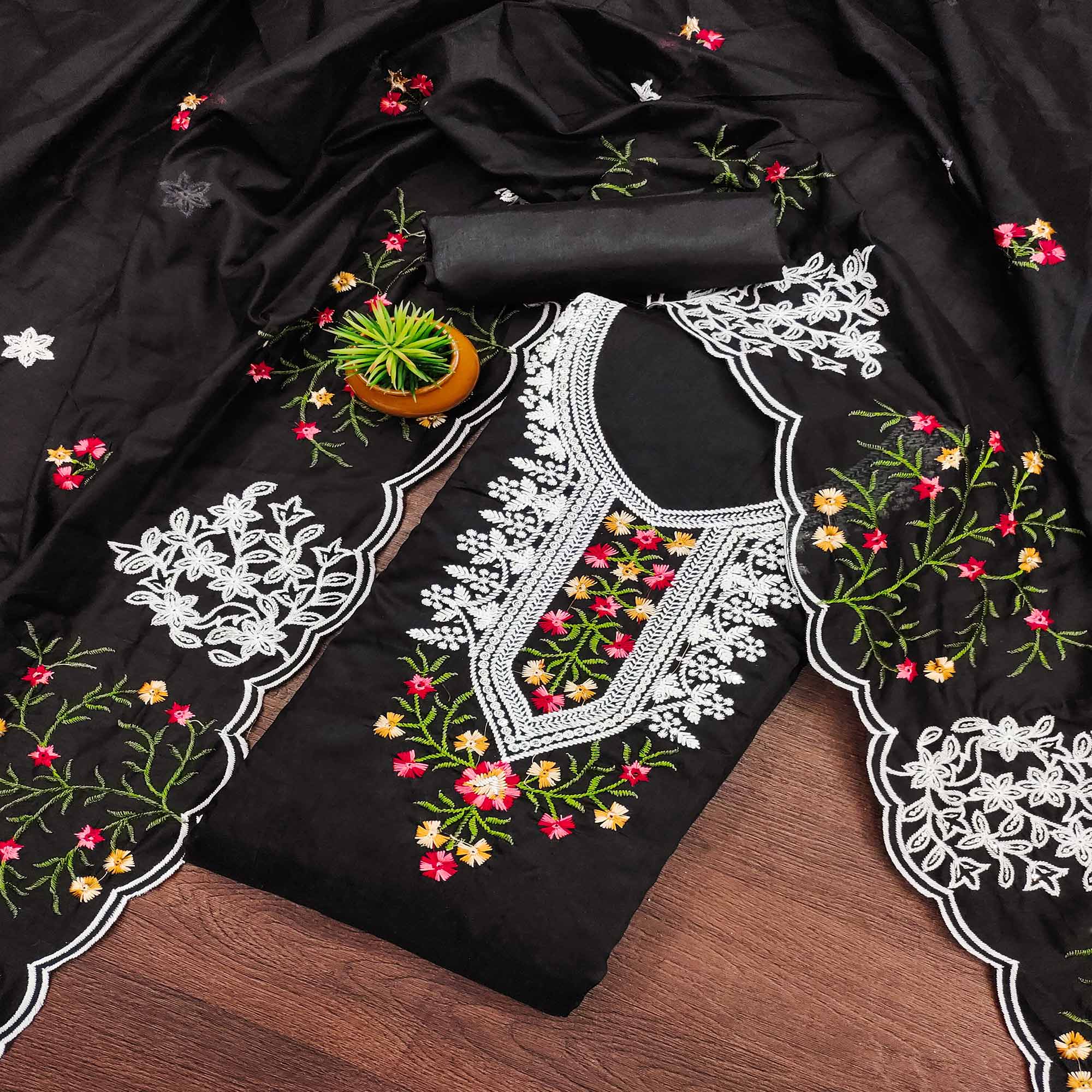 Black Chanderi Cotton Dress Material With Elegant Floral Sequin Embroidery