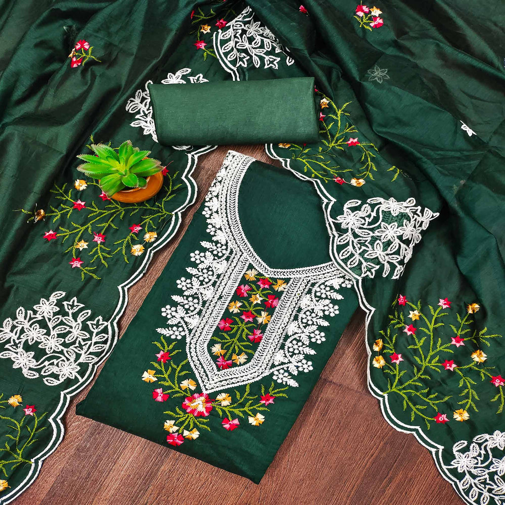 Green Floral Sequins Embroidered Chanderi Cotton Dress Material