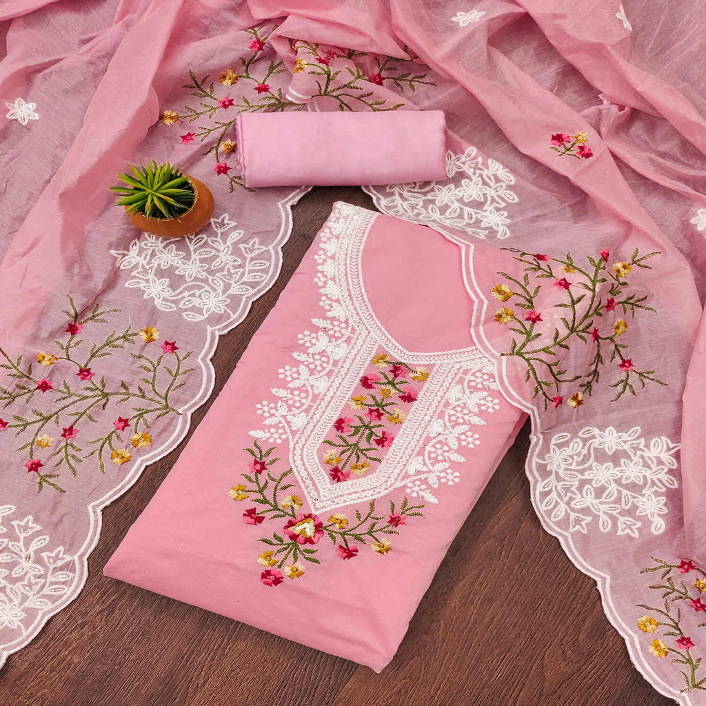 Pink Chanderi Cotton Dress Material With Elegant Floral Sequin Embroidery