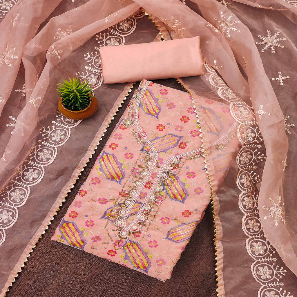 Peach Floral Embroidered With Handwork Organza Dress Material