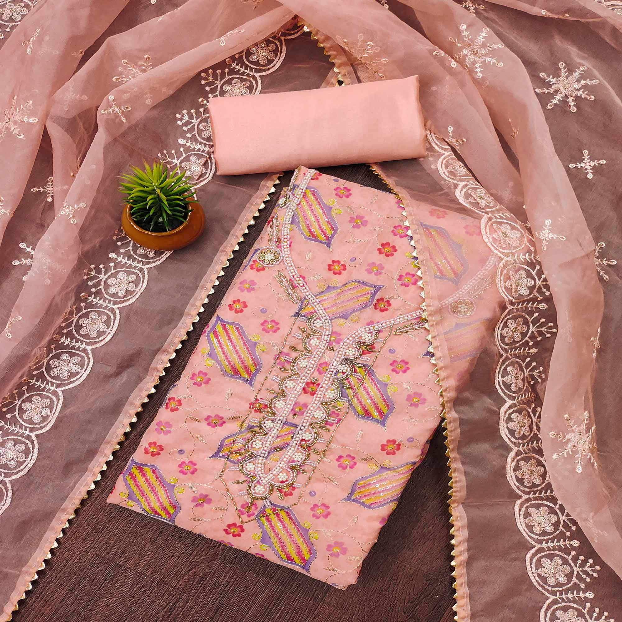 Peach Floral Embroidered With Handwork Organza Dress Material