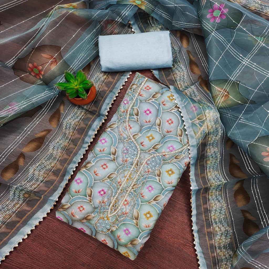 Blue Floral Printed Organza Dress Material With Sequins Embroidery & Handwork