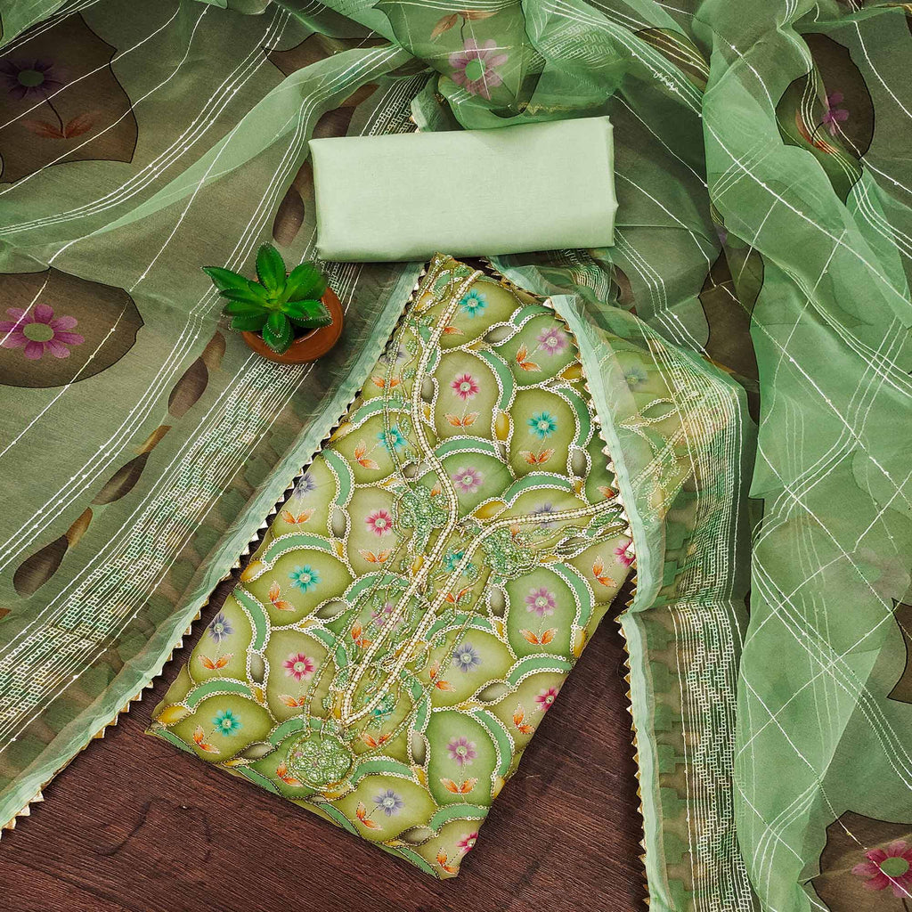 Green Floral Printed Organza Dress Material With Sequins Embroidery & Handwork
