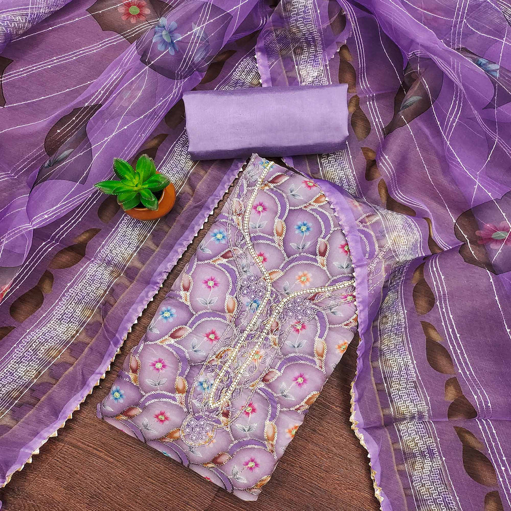 Lavender Floral Printed Organza Dress Material With Sequins Embroidery & Handwork