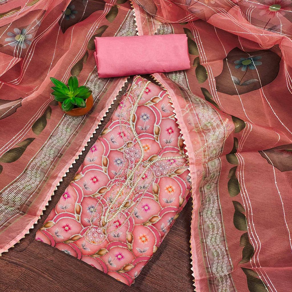 Pink Floral Printed Organza Dress Material With Sequins Embroidery & Handwork