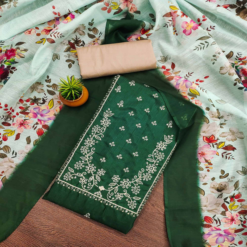 Green Floral Sequins Embroidered Cotton Blend Dress Material