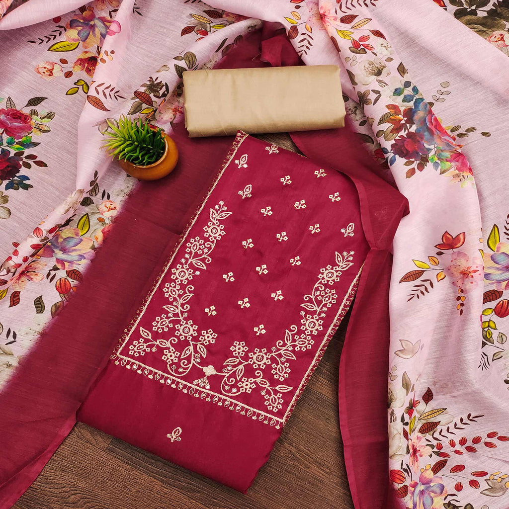 Maroon Floral Sequins Embroidered Cotton Blend Dress Material