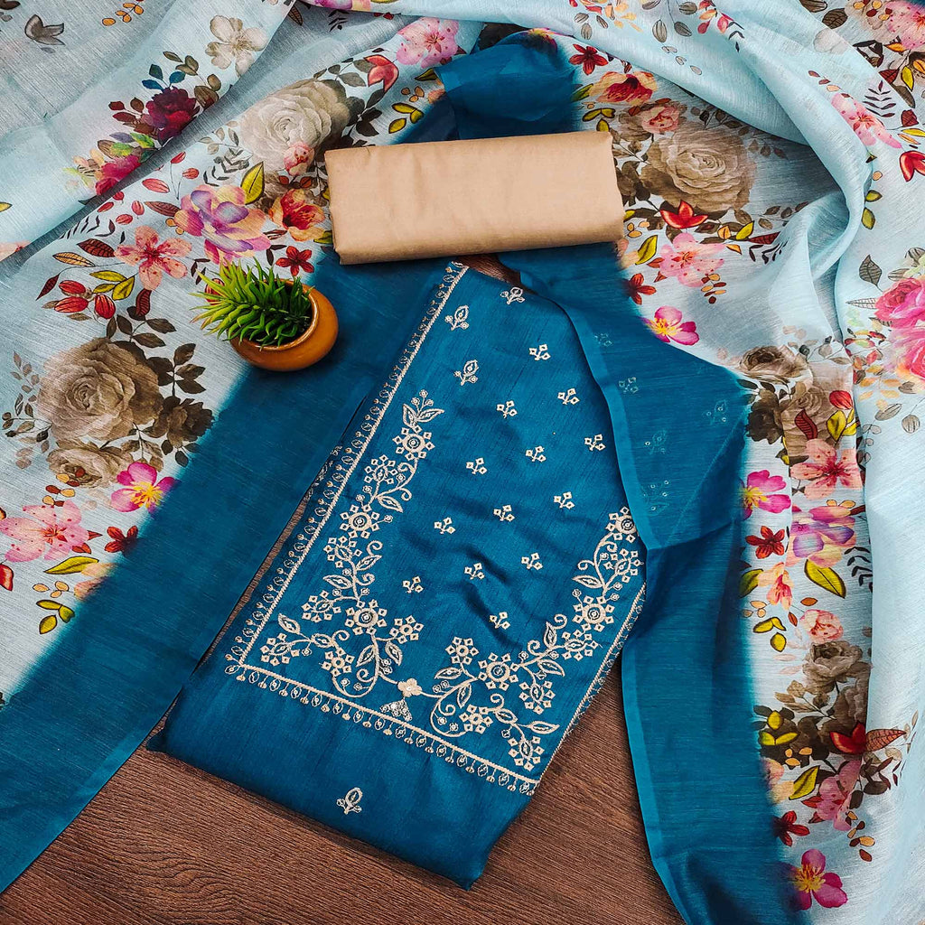 Morpich Blue Floral Sequins Embroidered Cotton Blend Dress Material