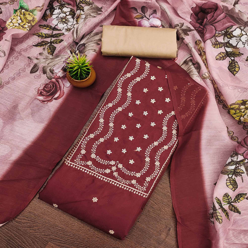 Maroon Floral Sequins Embroidered Cotton Blend Dress Material