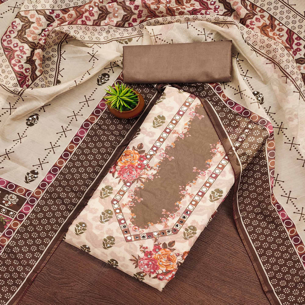 Brown Floral Digital Print With Diamond & Mirror Work Organza Dress Material