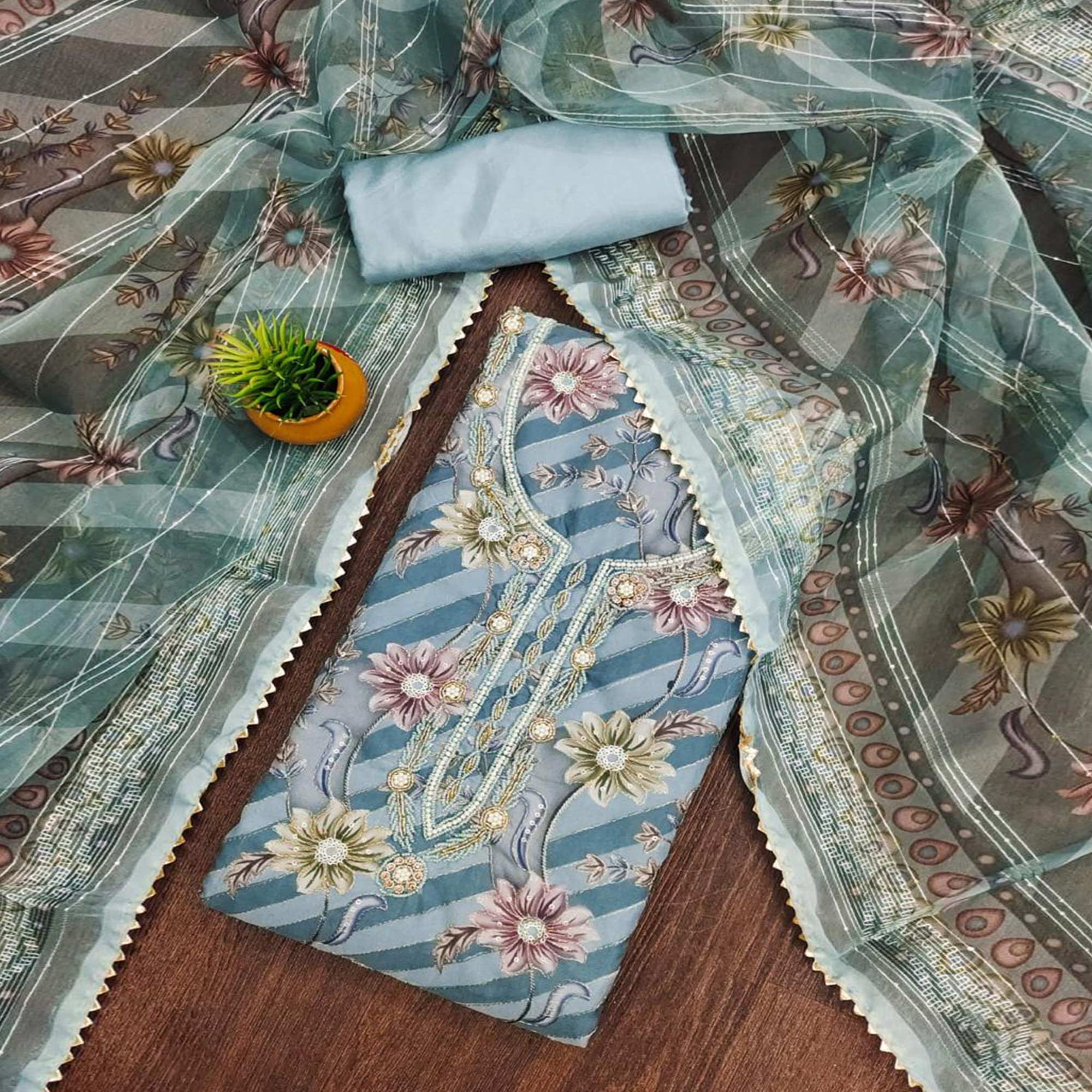 Blue Floral Sequins Embroidered Organza Dress Material With Exquisite Handwork