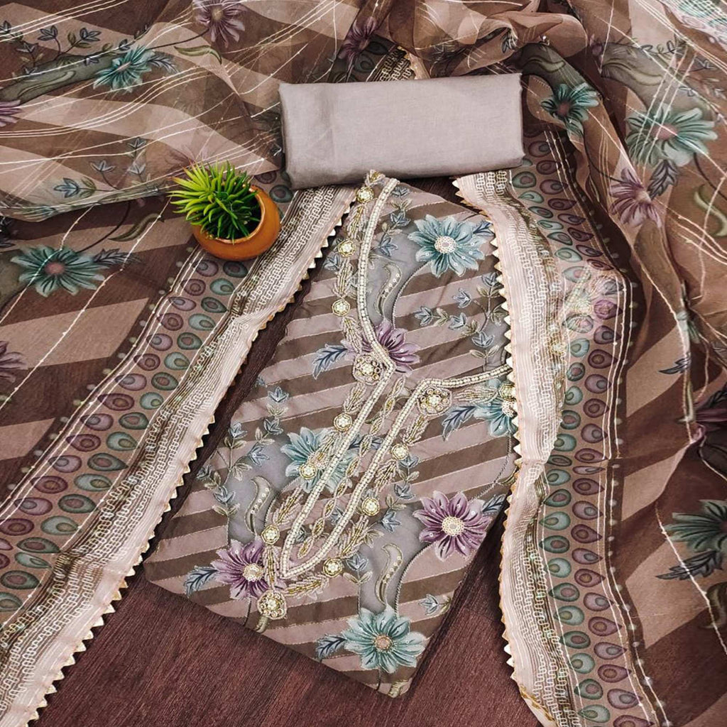 Brown Floral Sequins Embroidered Organza Dress Material With Exquisite Handwork