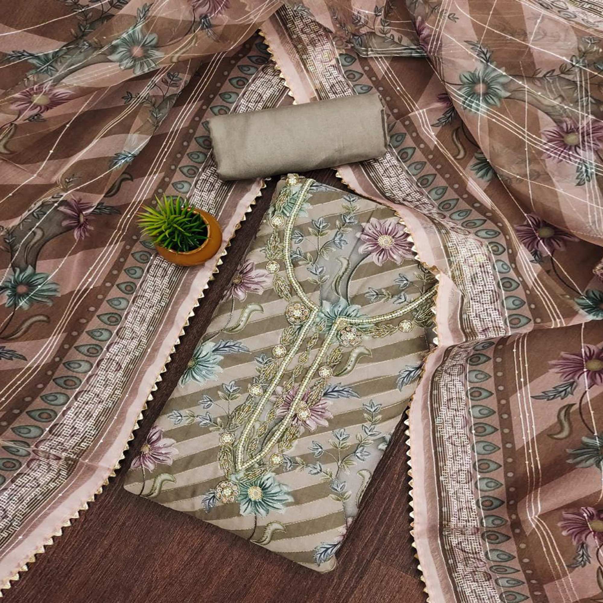 Green Floral Sequins Embroidered Organza Dress Material With Exquisite Handwork