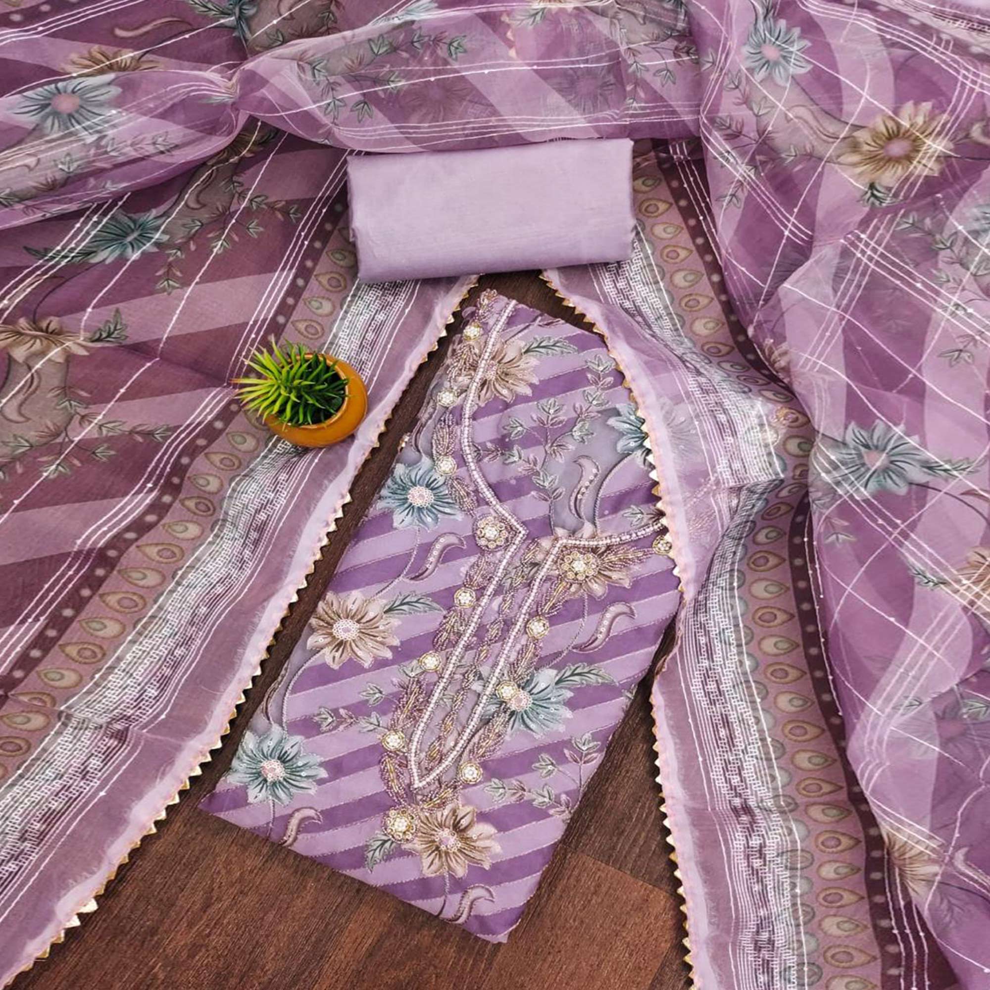 Lavender Floral Sequins Embroidered Organza Dress Material With Exquisite Handwork