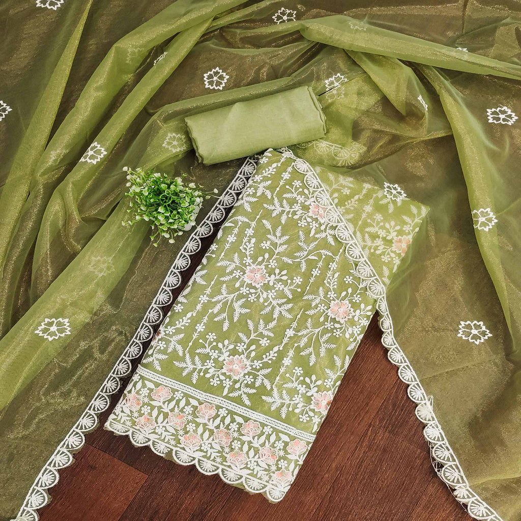 Graceful Green Organza Dress Material Adorned with Intricate Floral Embroidery