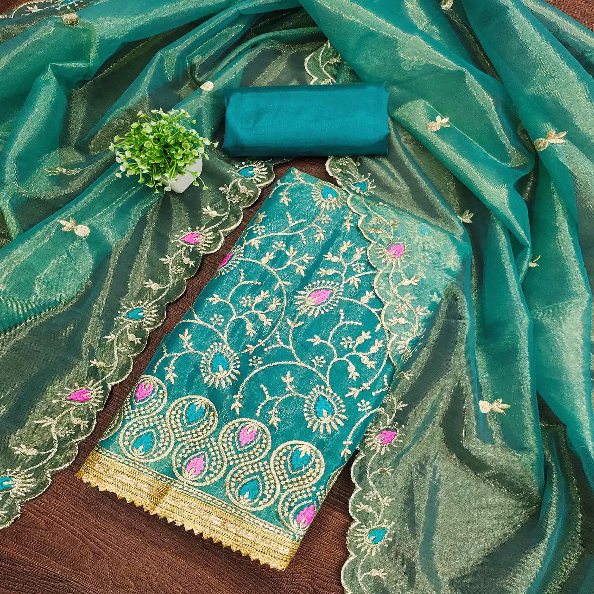 Elegant Rama Blue Organza Dress Material with Exquisite Floral Thread & Zari Embroidery