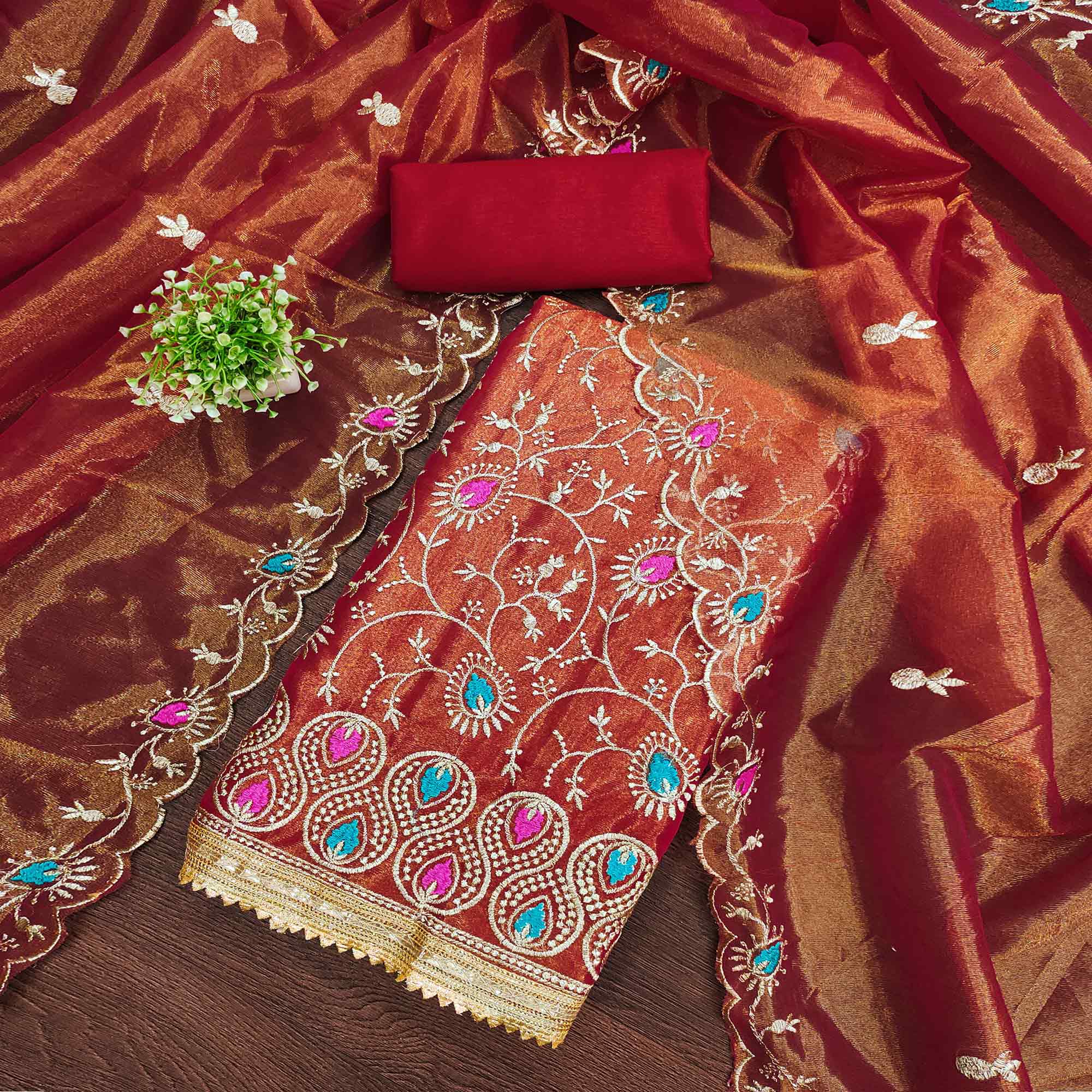 Elegant Rust Organza Dress Material with Exquisite Floral Thread & Zari Embroidery