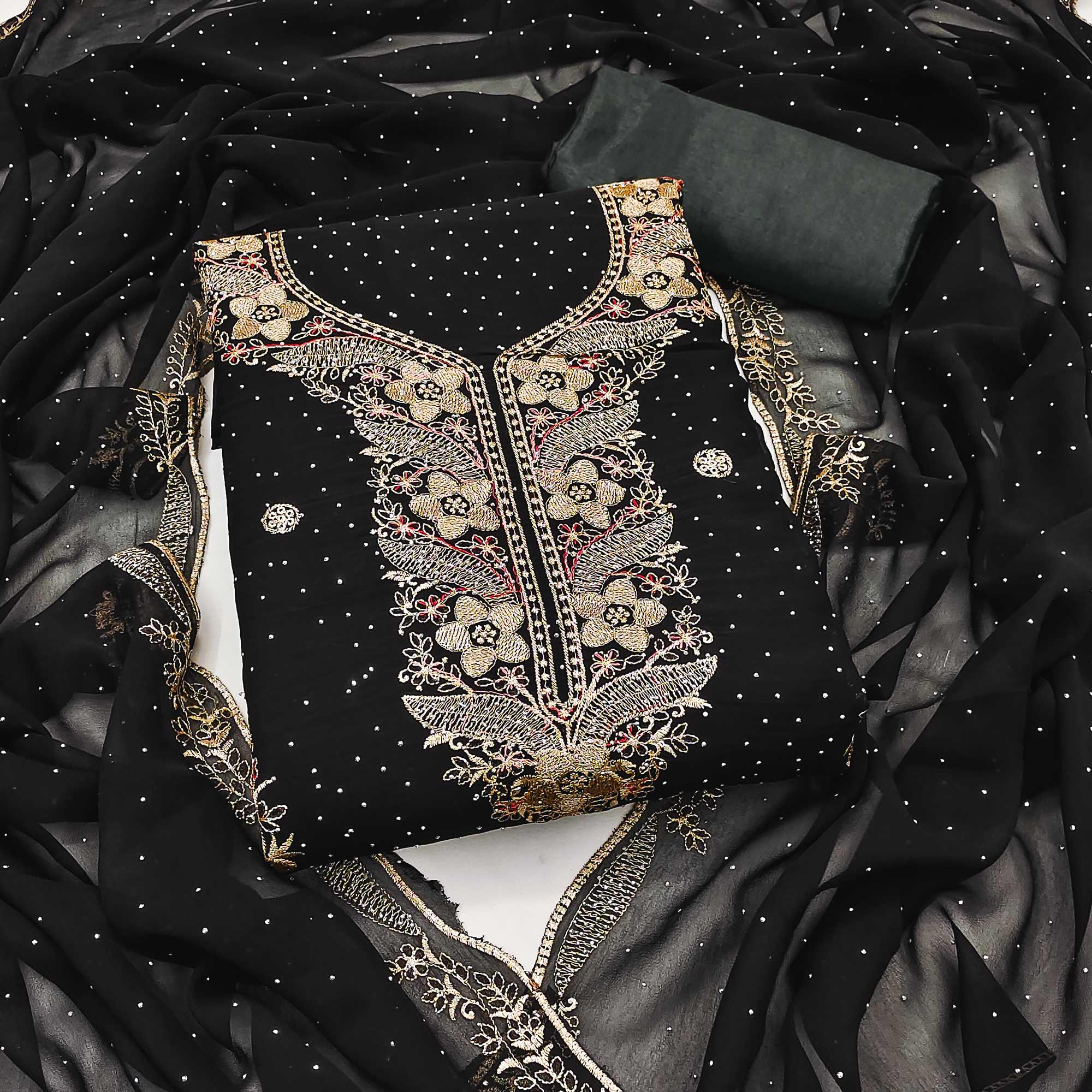 Black Georgette Dress Material With Luxurious Floral Zari Embroidery & Stonework