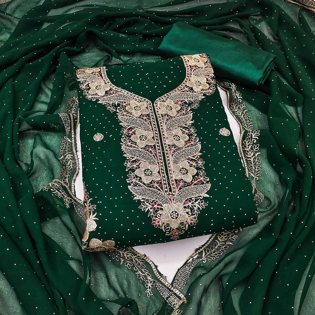 Green Georgette Dress Material With Luxurious Floral Zari Embroidery & Stonework