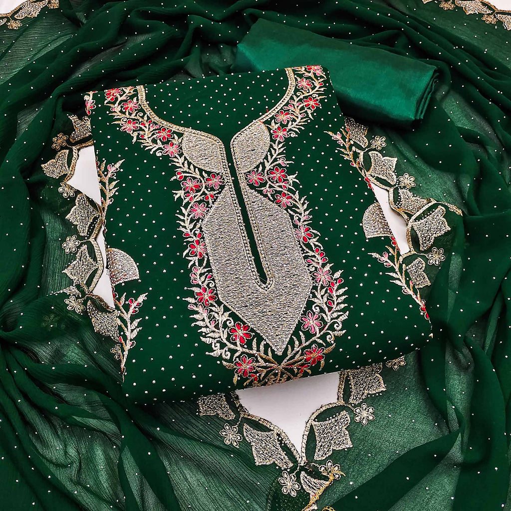 Green Georgette Dress Material With Exquisite Floral Embroidery And Stonework