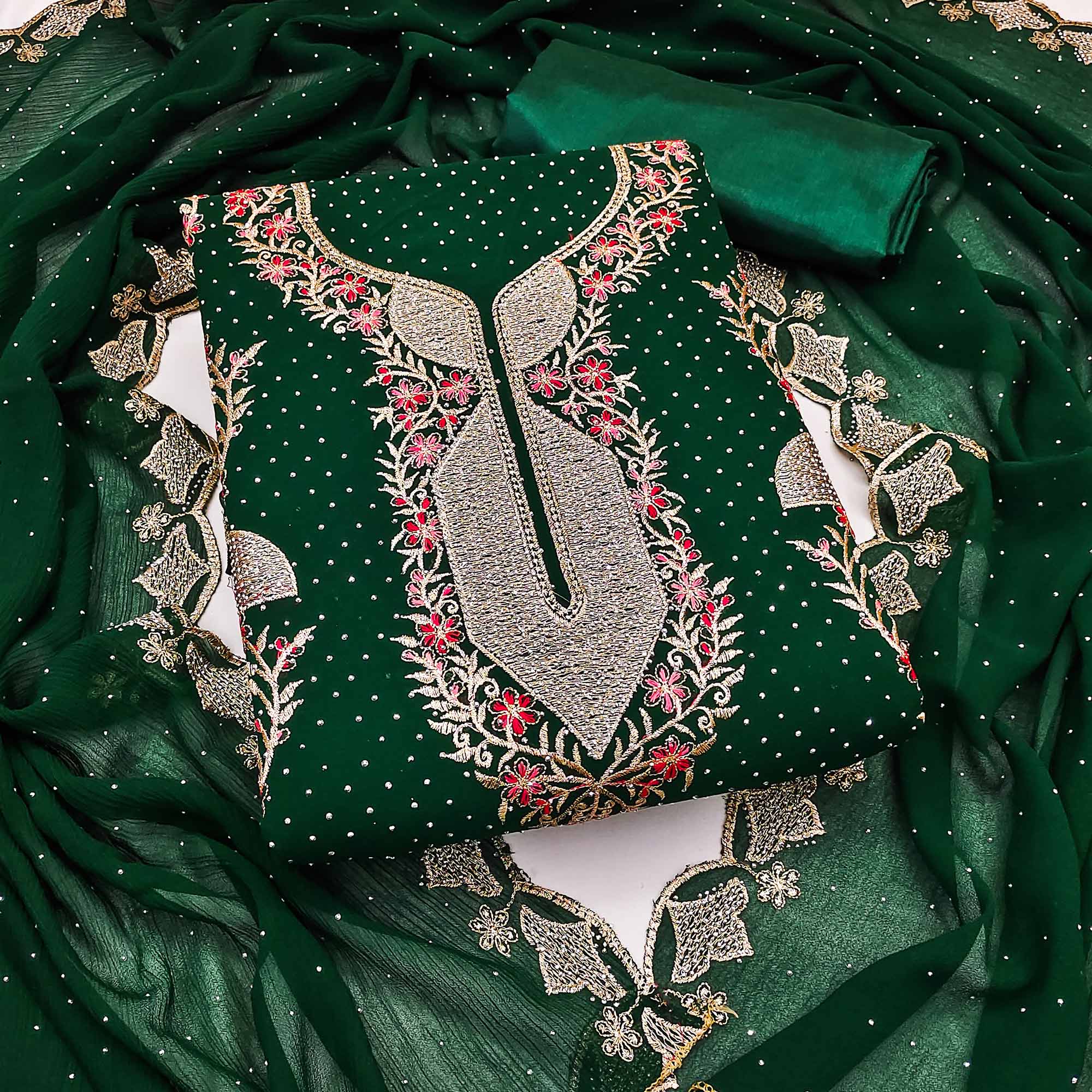 Green Georgette Dress Material With Exquisite Floral Embroidery And Stonework