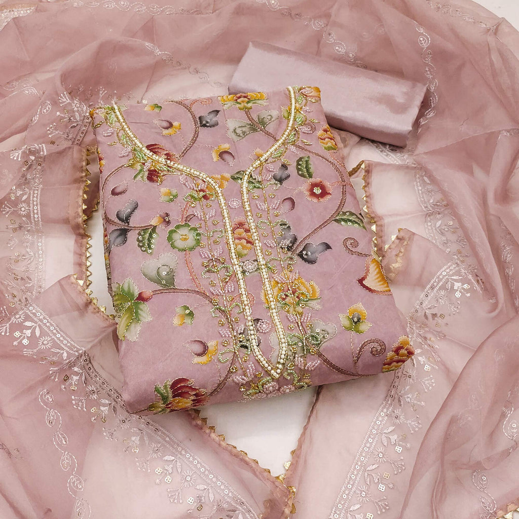 Pink Organza Dress Material With Graceful Floral Print With Handwork Detailing