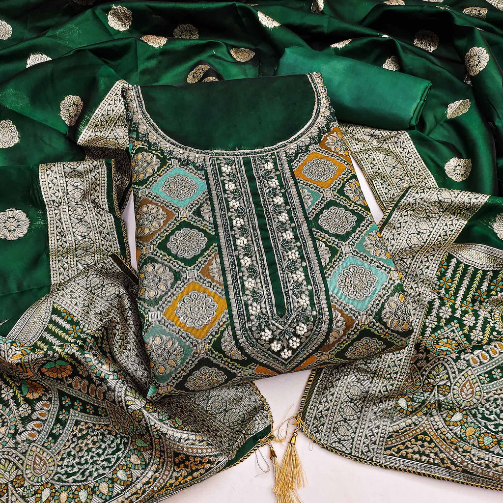 Green Unstitched Dress Material in Zari Woven Jacquard
