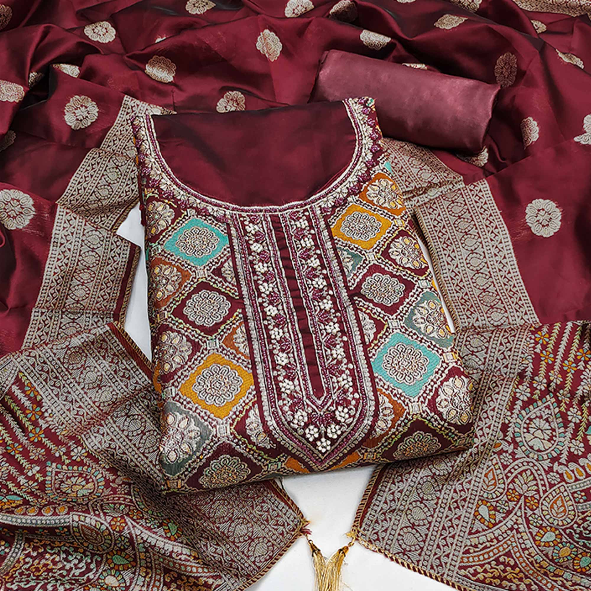 Maroon Unstitched Dress Material in Zari Woven Jacquard