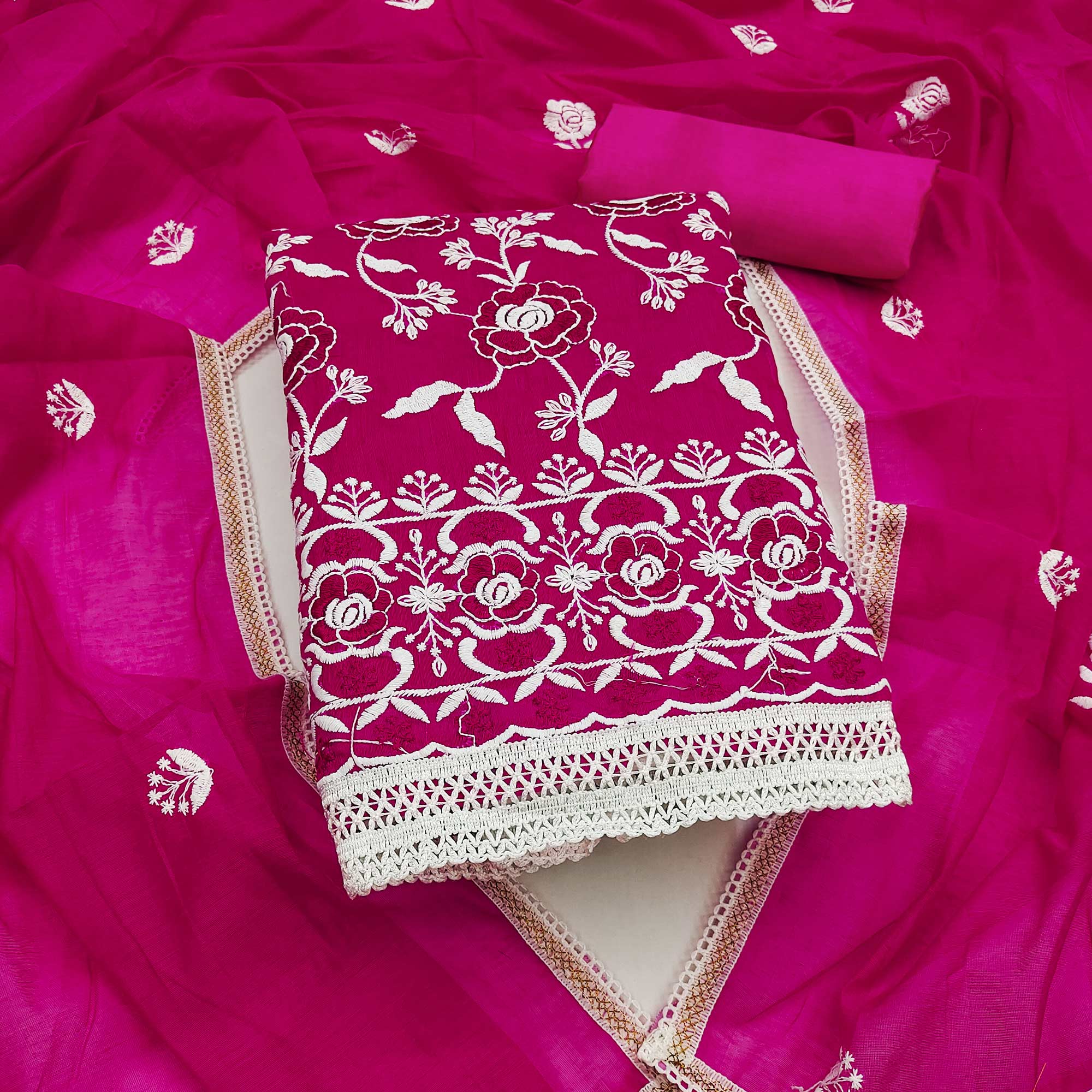 Dark Pink Embroidered Chanderi Cotton Suit Fabric with Floral Detailing