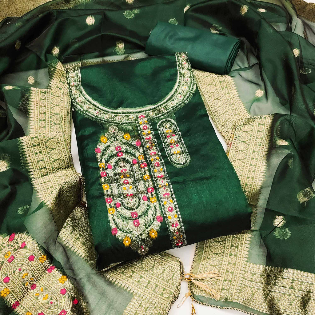 Festive Green Unstitched Dress Material in Zari Weaving Jacquard