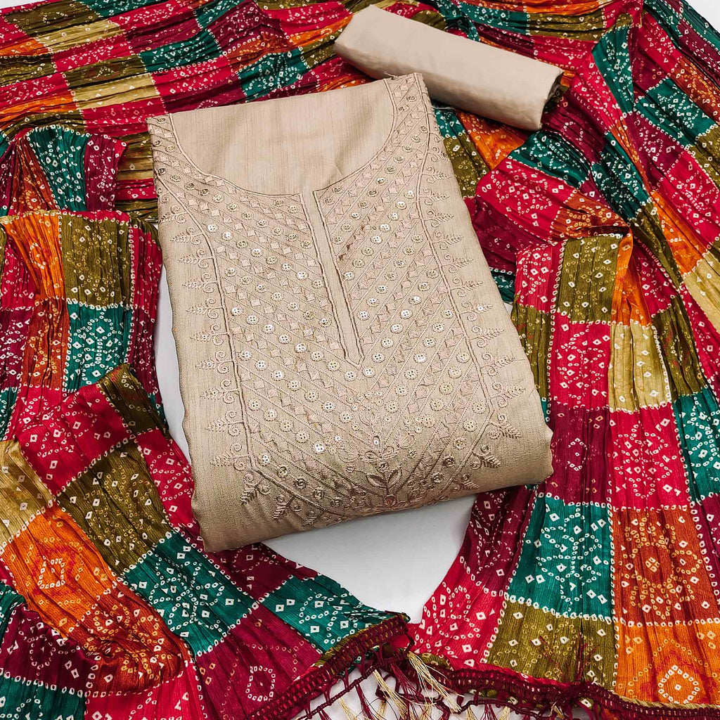 Beige Cotton Blend Suit Material with Soft Floral Embroidery