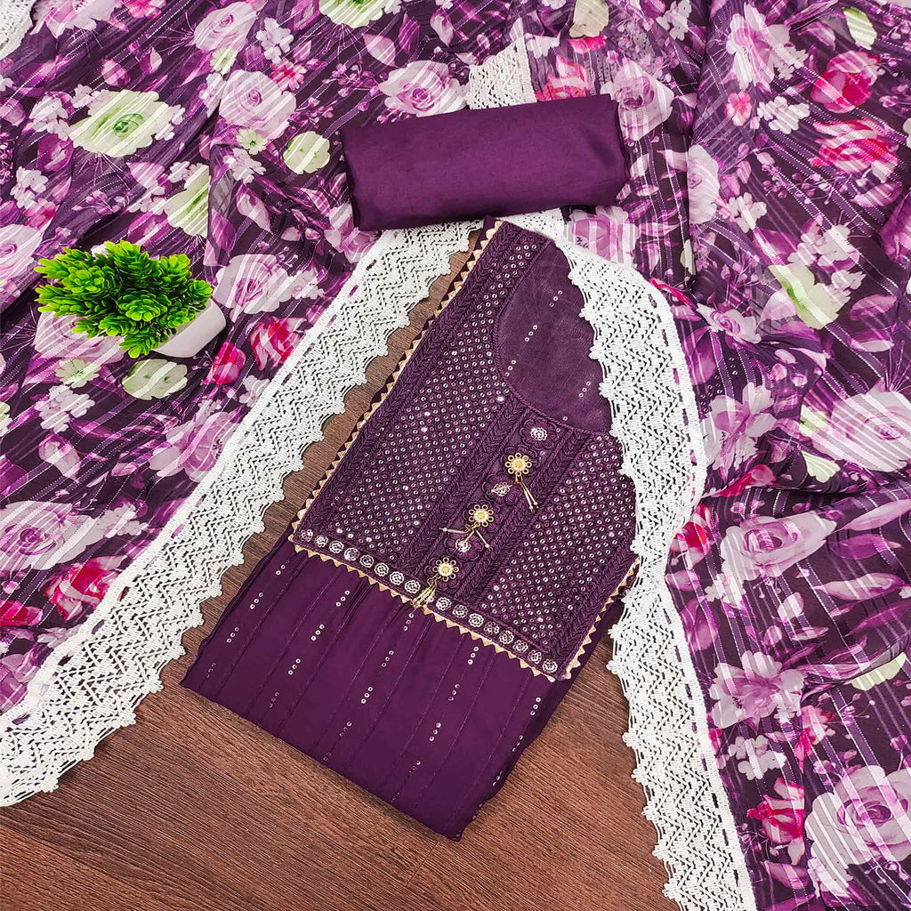 Deep Purple Cotton Blend Suit Material Enhanced with Sequins Embroidery