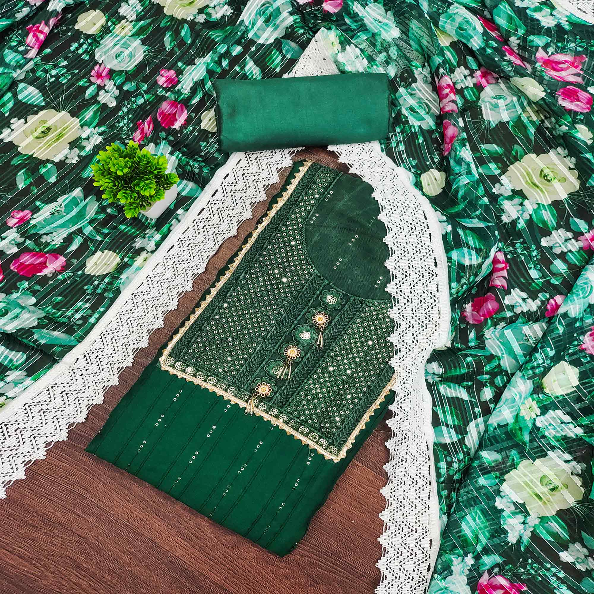 Green Cotton Blend Suit Material Enhanced with Sequins Embroidery