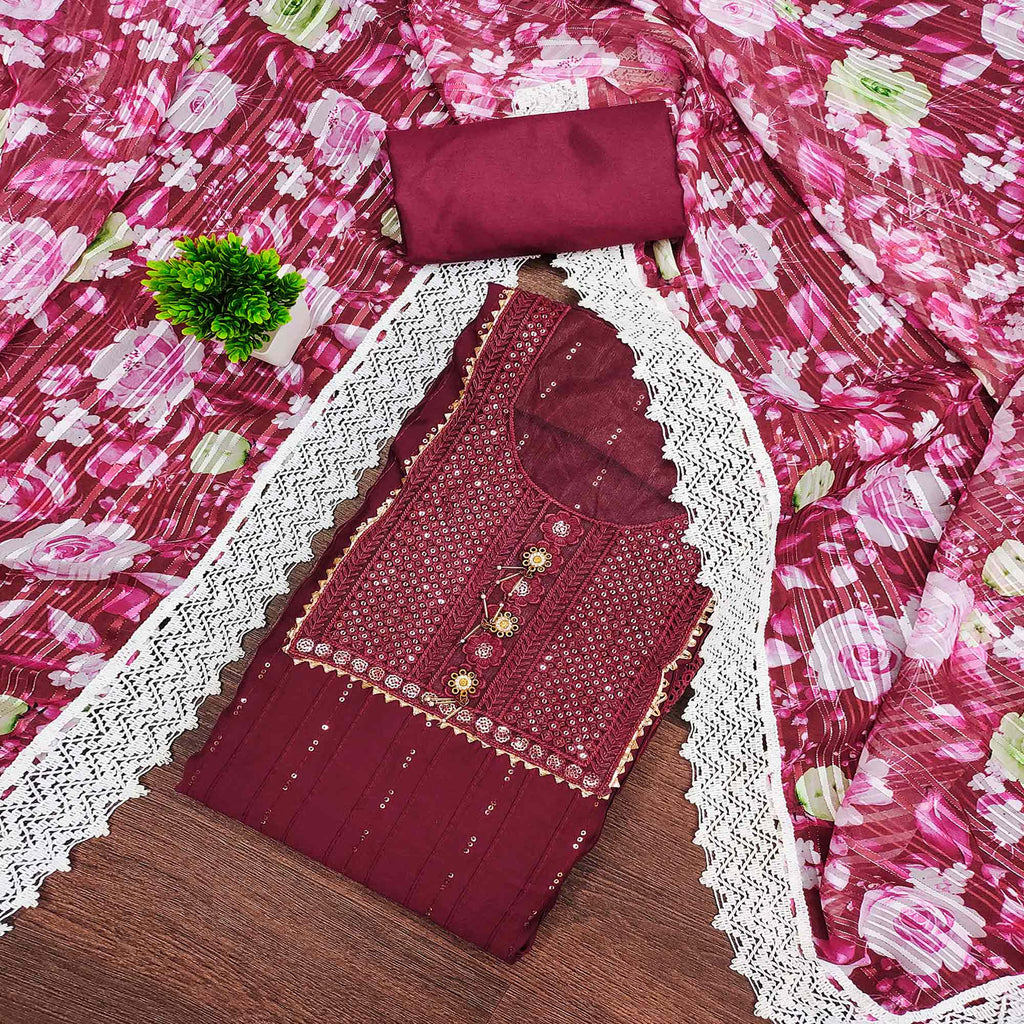Maroon Cotton Blend Suit Material Enhanced with Sequins Embroidery