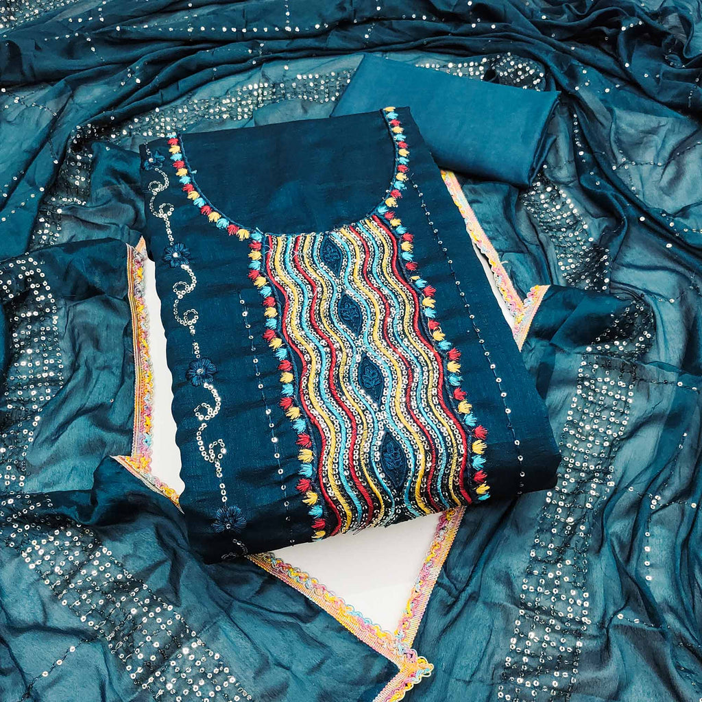 Festive Teal Dress Material in Vichitra Silk with Sequin Highlights