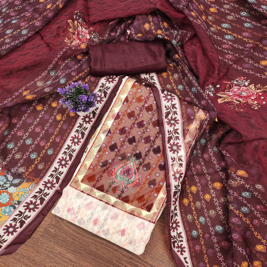 Off-White & Maroon Organza Dress Material with Elegant Floral Prints