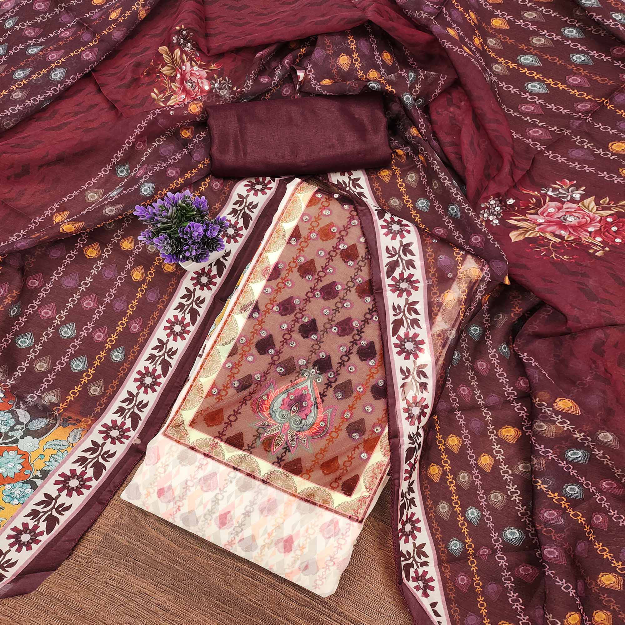 Off-White & Maroon Organza Dress Material with Elegant Floral Prints