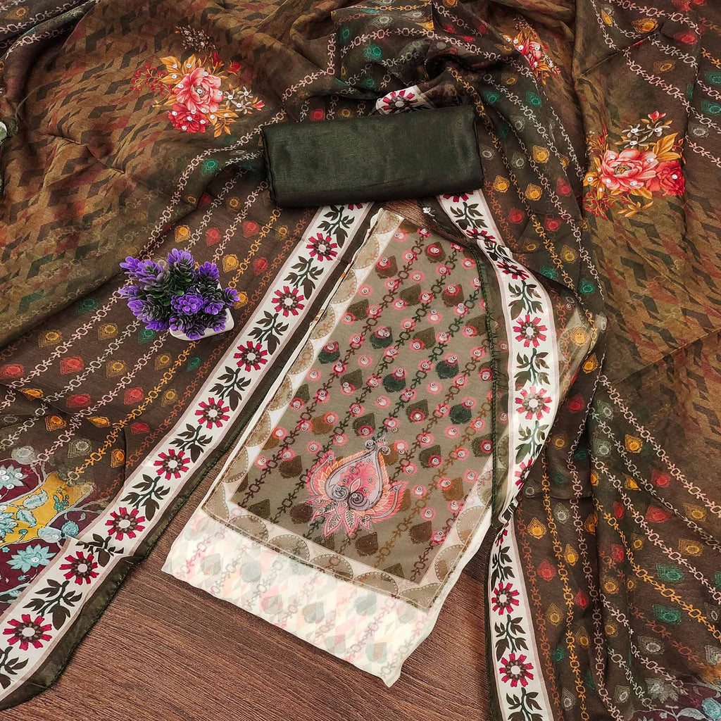 Off-White & Olive Organza Dress Material with Elegant Floral Prints