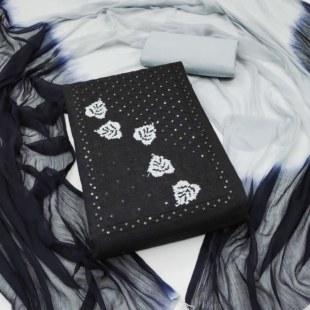 Black Cotton Blend Dress Material Featuring Thread Embroidery & Sequins Embellishment