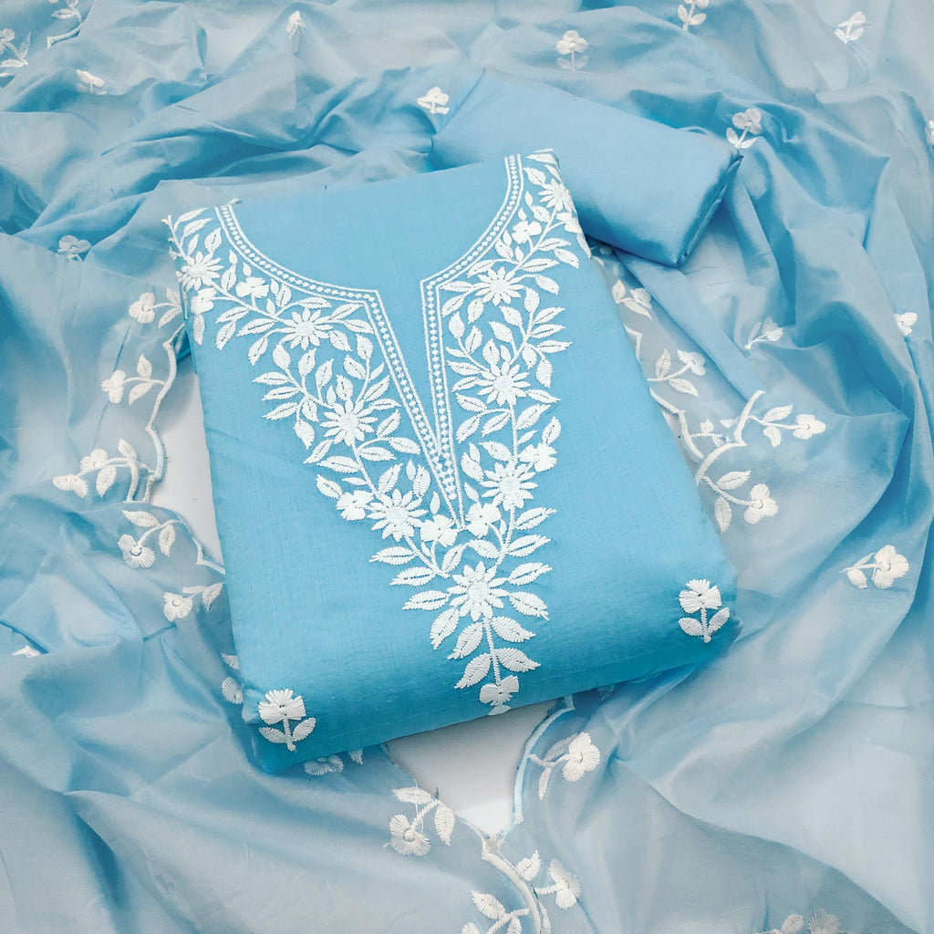 Blue Chanderi Cotton Dress Material With Delicate Floral Thread Embroidery