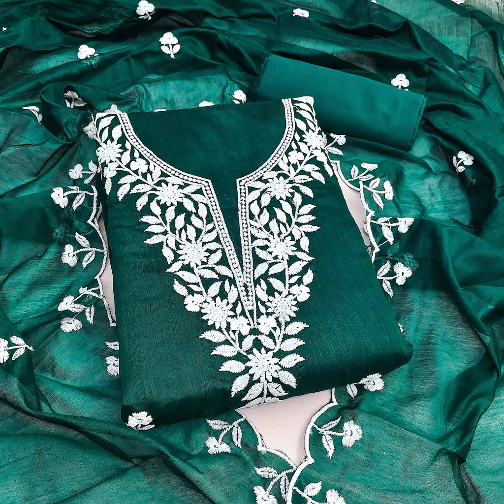 Green Chanderi Cotton Dress Material With Delicate Floral Thread Embroidery