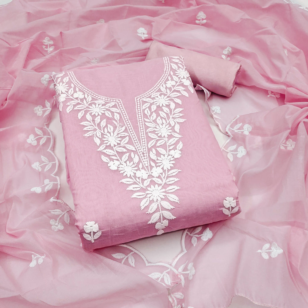 Pink Chanderi Cotton Dress Material With Delicate Floral Thread Embroidery