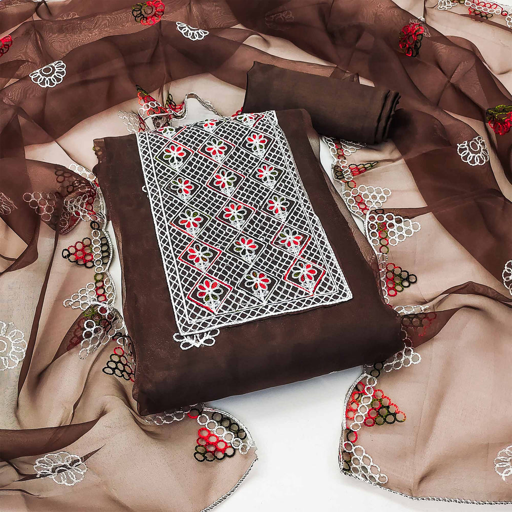 Brown Floral Embroidered Organza Dress Material