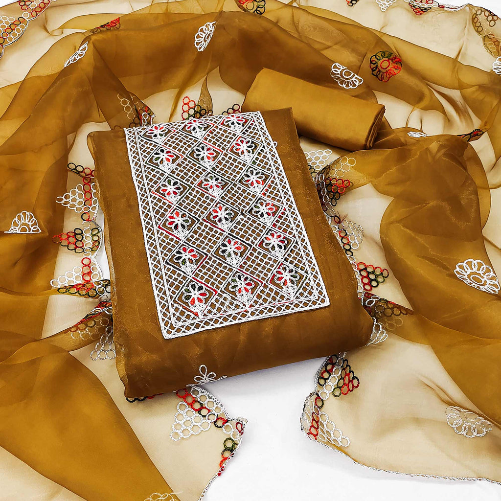 Mustard Floral Embroidered Organza Dress Material